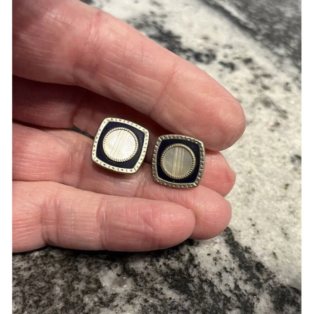 Vintage Mother of Pearl Square Double Sided Black Celluloid Snap Link Cufflinks